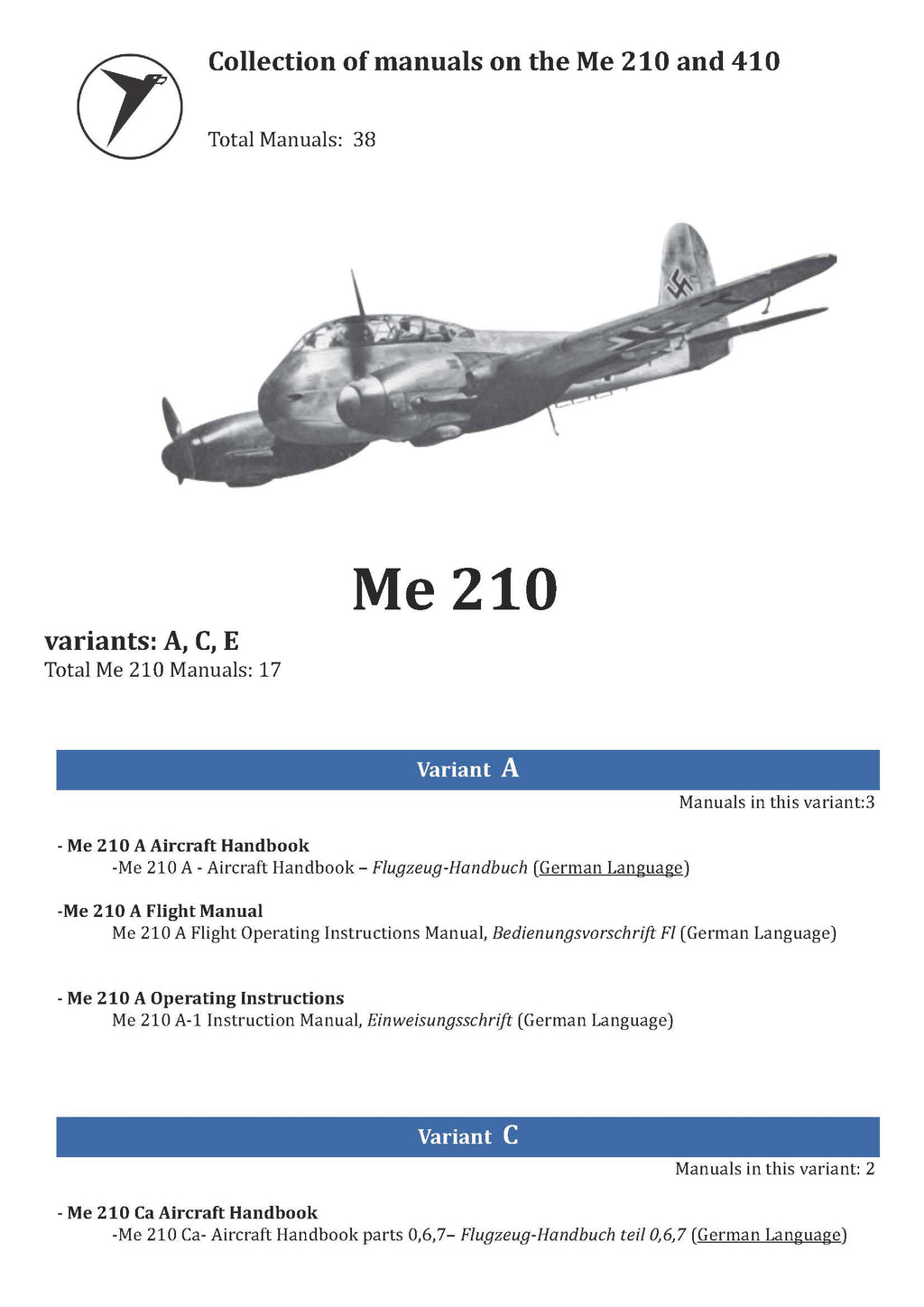 Messerschmitt Me 210 / Me 410 Aircraft Manuals Collection - 38 Manuals