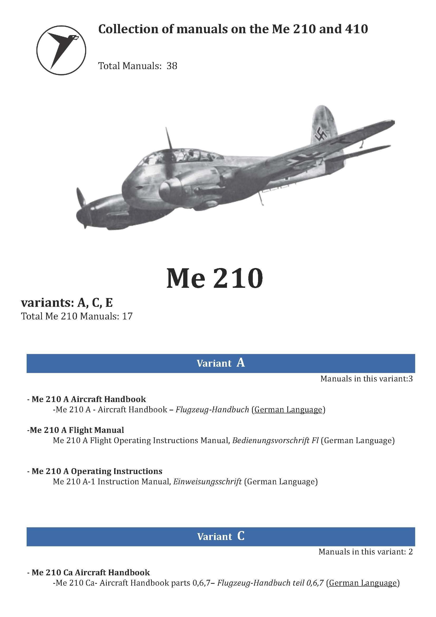 Messerschmitt Me 210 / Me 410 Aircraft Manuals Collection - Digital Download