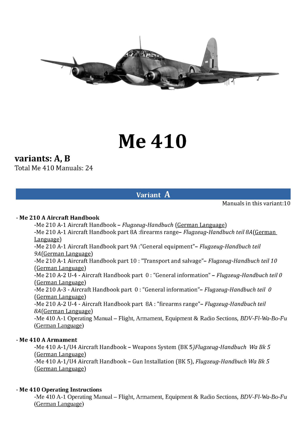 Messerschmitt Me 210 / Me 410 Aircraft Manuals Collection - 38 Manuals