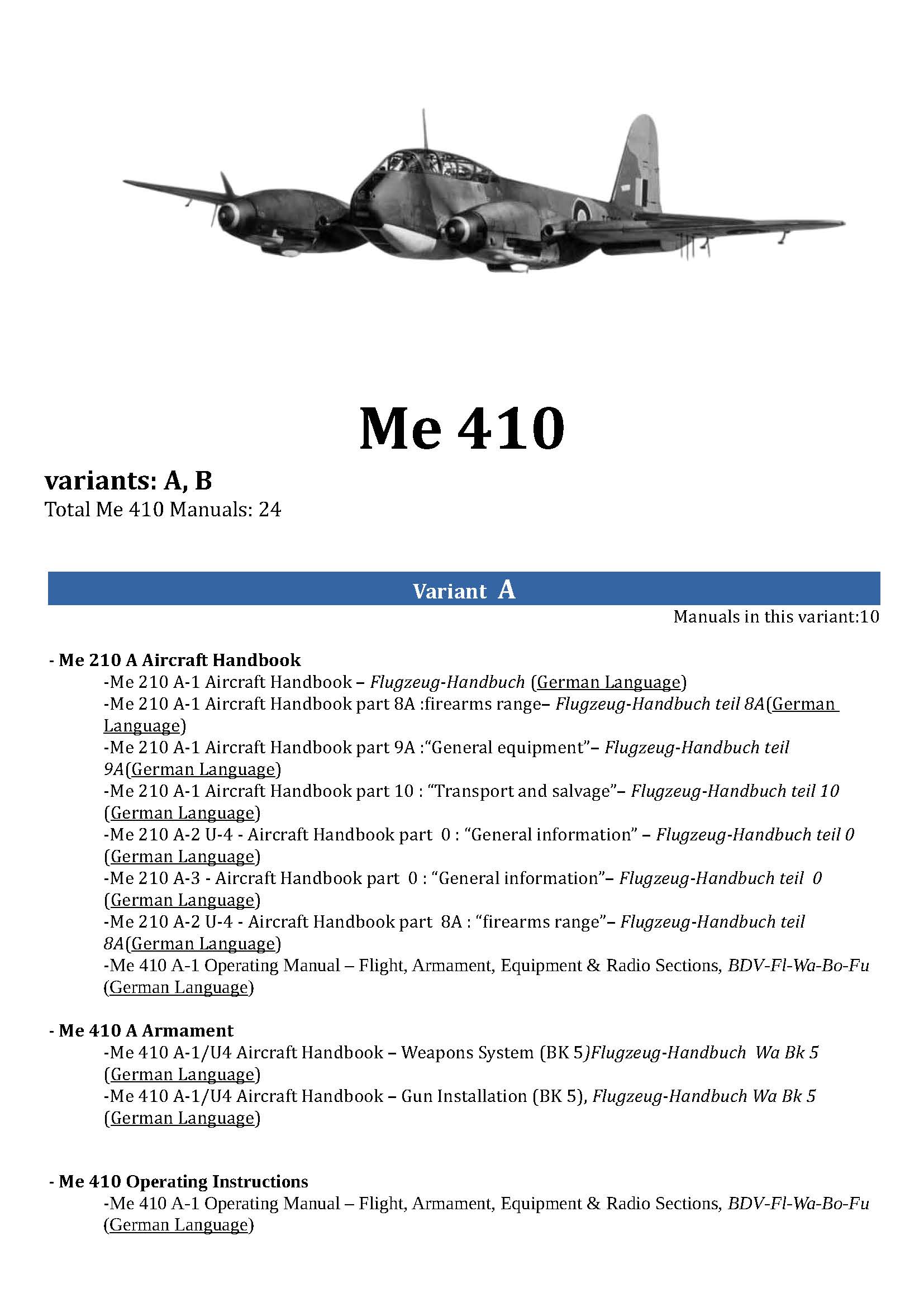 Messerschmitt Me 210 / Me 410 Aircraft Manuals Collection - Digital Download