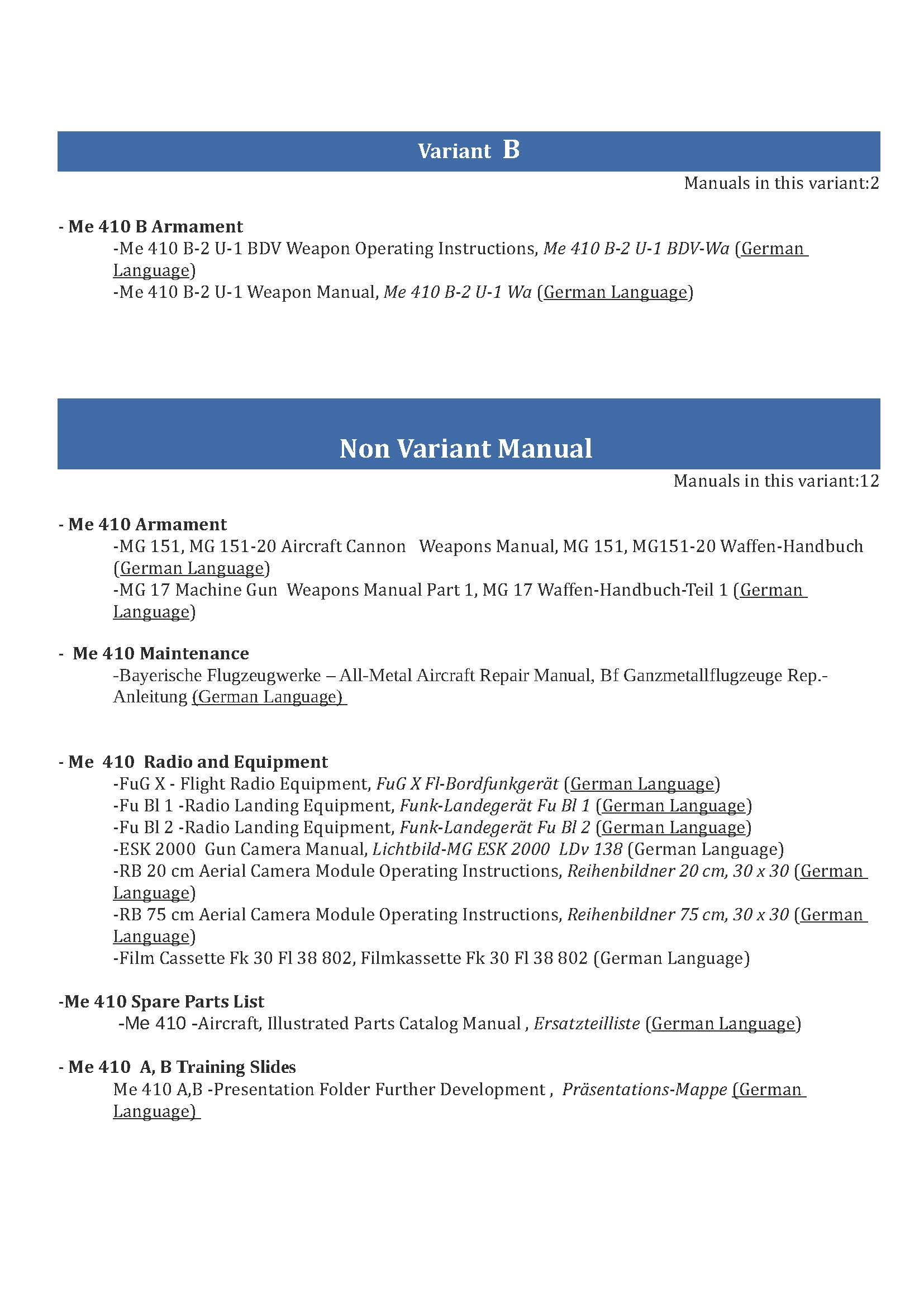 Messerschmitt Me 210 / Me 410 Aircraft Manuals Collection - Digital Download