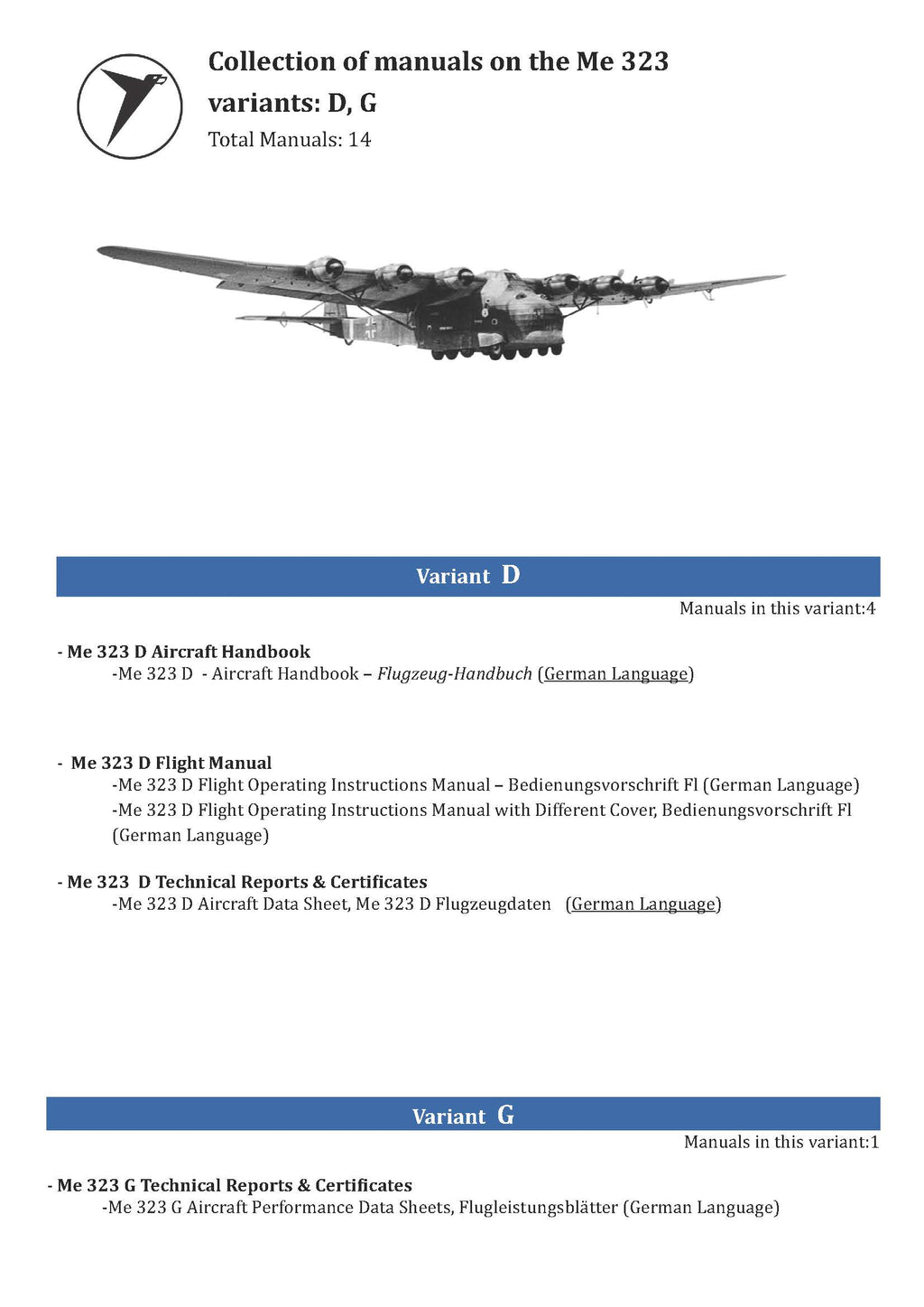 Messerschmitt Me-323 Gigant Aircraft Manuals Collection - 14 Manuals - Variants D, G