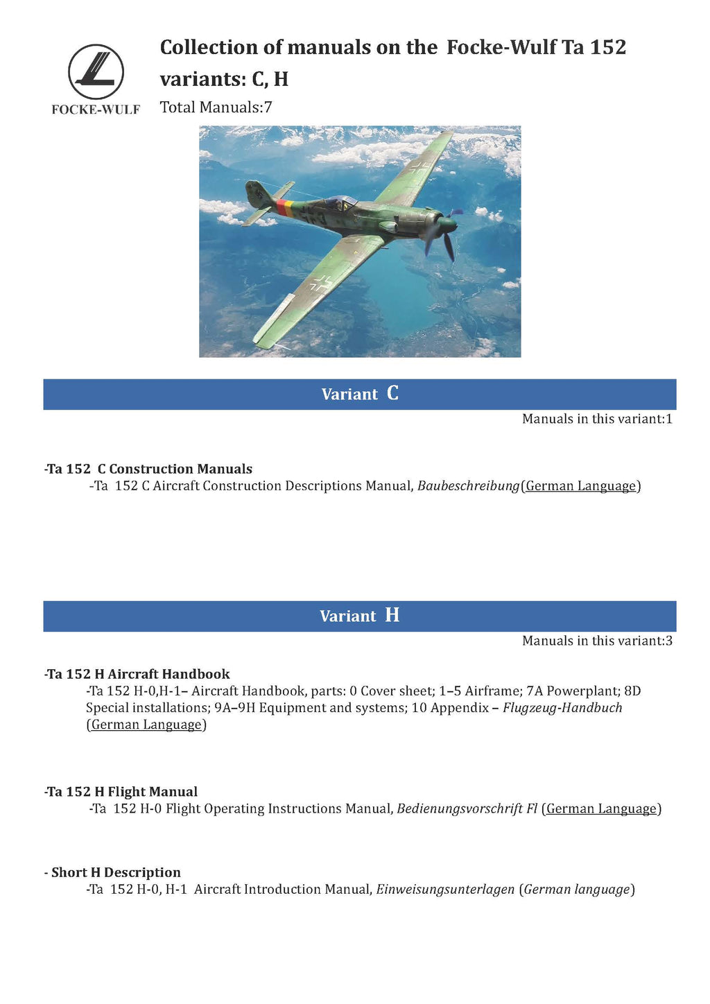 Focke-Wulf Ta 152 C, H Manual Collection - Download -