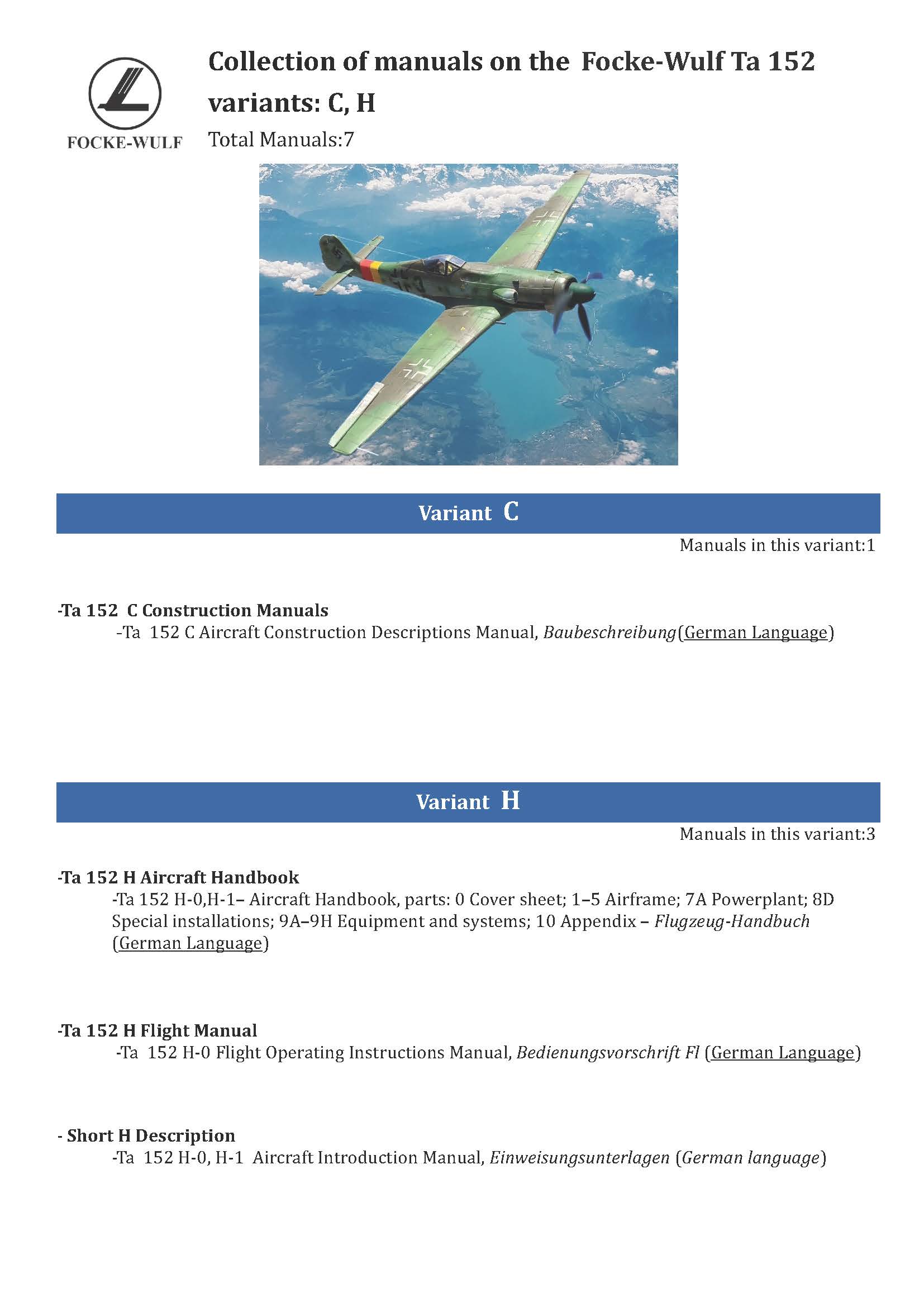 Focke-Wulf Ta 152 C, H Manual Collection - Download -
