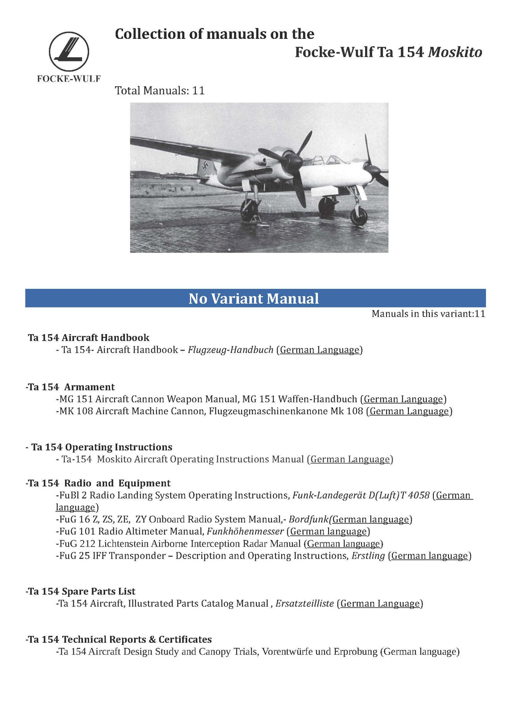 Focke-Wulf Ta 154 Moskito Manuals Collection - Download