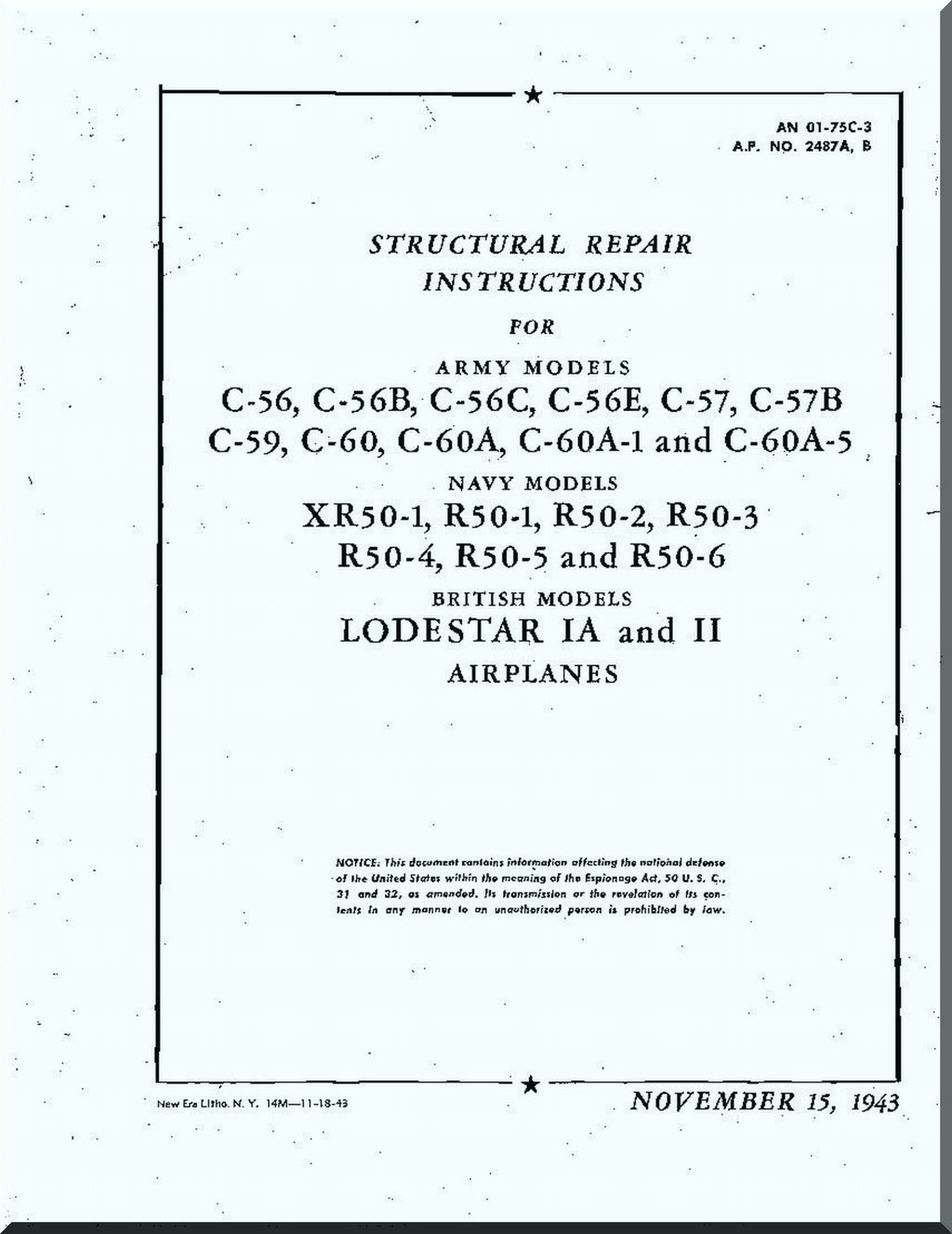 Lockheed L-18, C-56, C-57, C-60, R50 Loadestar Aircraft Manuals Collection - Download