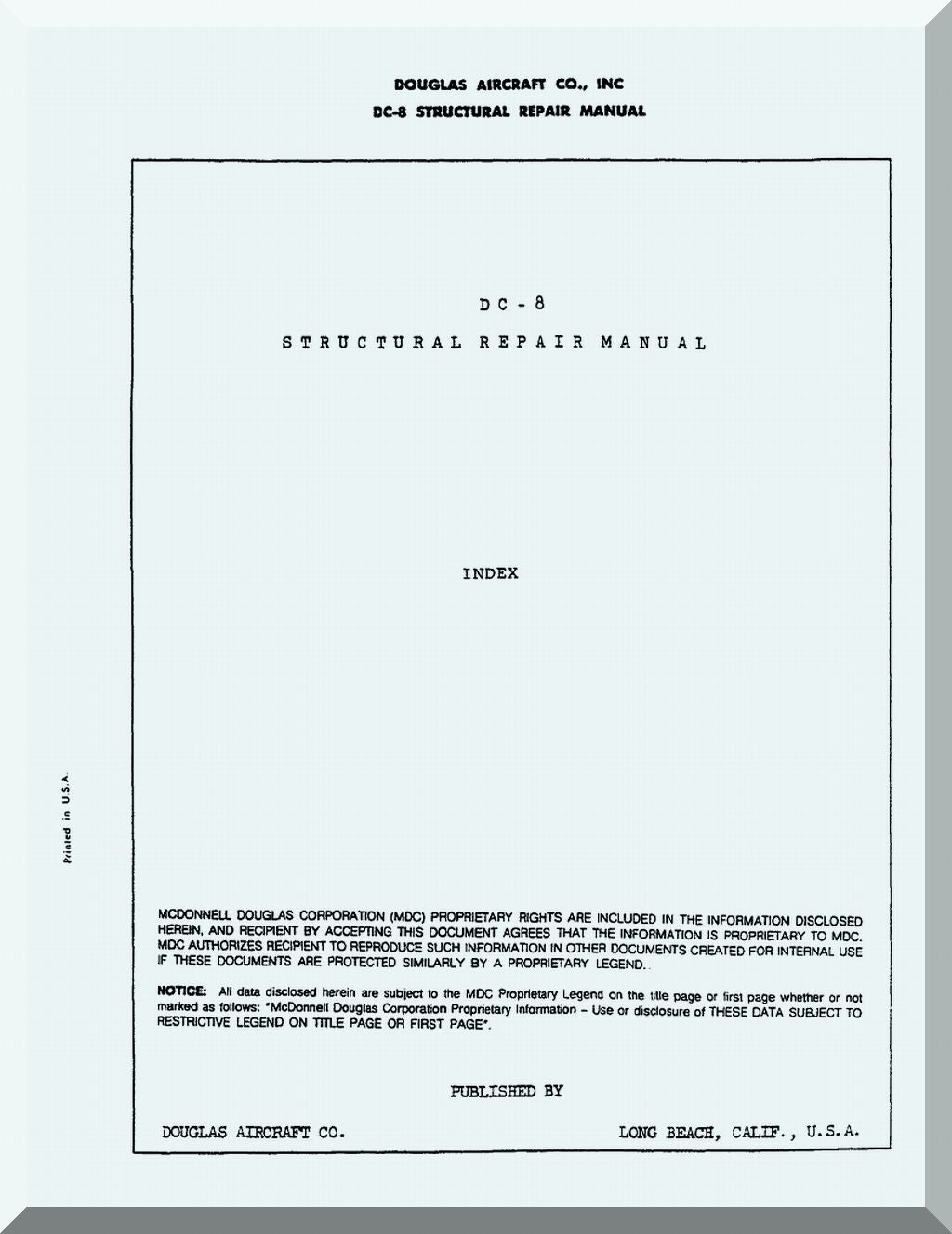 Cover page of a Douglas Aircraft Co., Inc. DC-8 Structural Repair Manual with text and a logo.