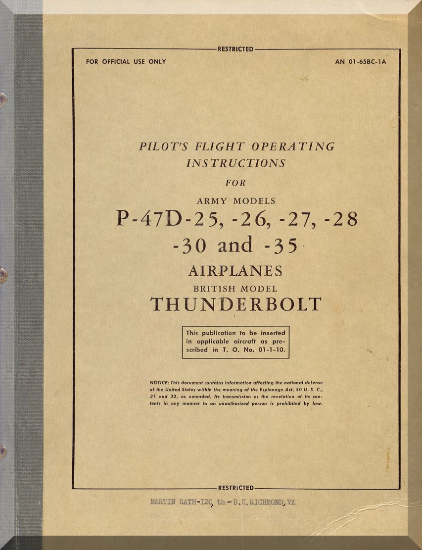 Republic Aviation P-47 " Thunderbolt, JAG " Aircraft Manuals Bundle - Download