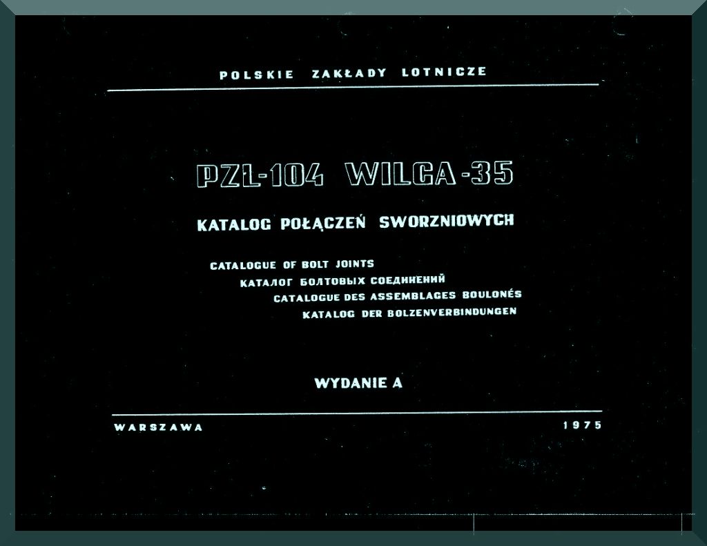 Title page of a technical catalog for PZL-104 Wilga-35 aircraft components, published by Polskie Zaklady Lotnicze in Warsaw in 1975.