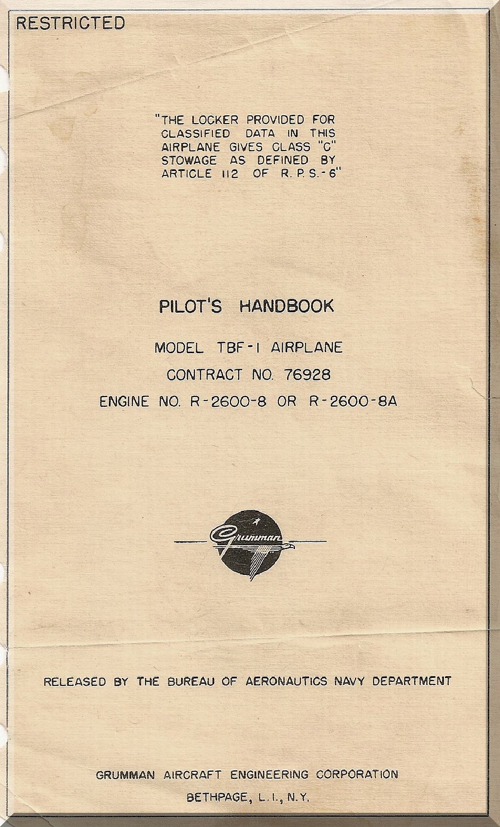 Pilot's Handbook for TBF-1 Airplane with Grumman logo on a beige background