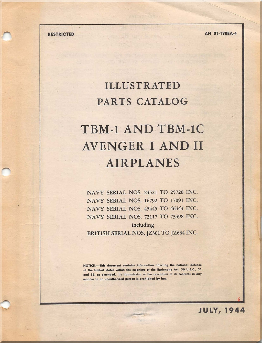 Illustrated parts catalog for TBM-1 and TBM-IC Avenger I and II airplanes from July 1944.