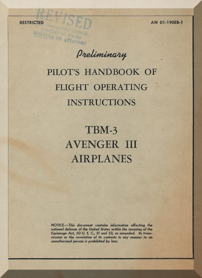 Pilot's Handbook of Flight Operating Instructions for TBM-3 Avenger III airplanes on a beige background