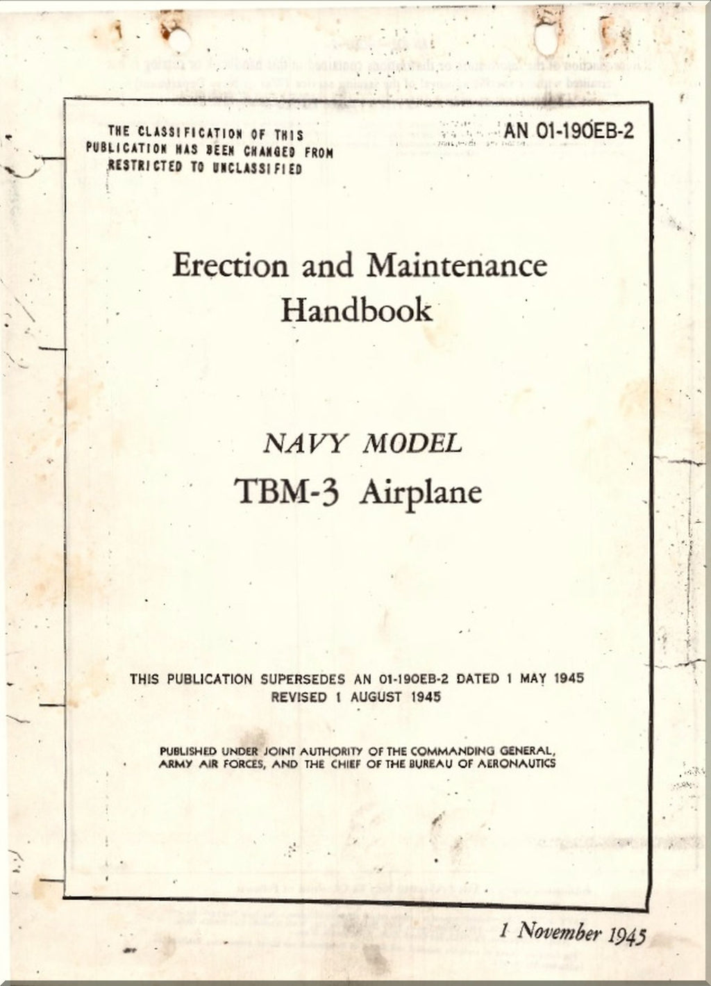 Erection and Maintenance Handbook for Navy Model TBM-3 Airplane with text on a beige background