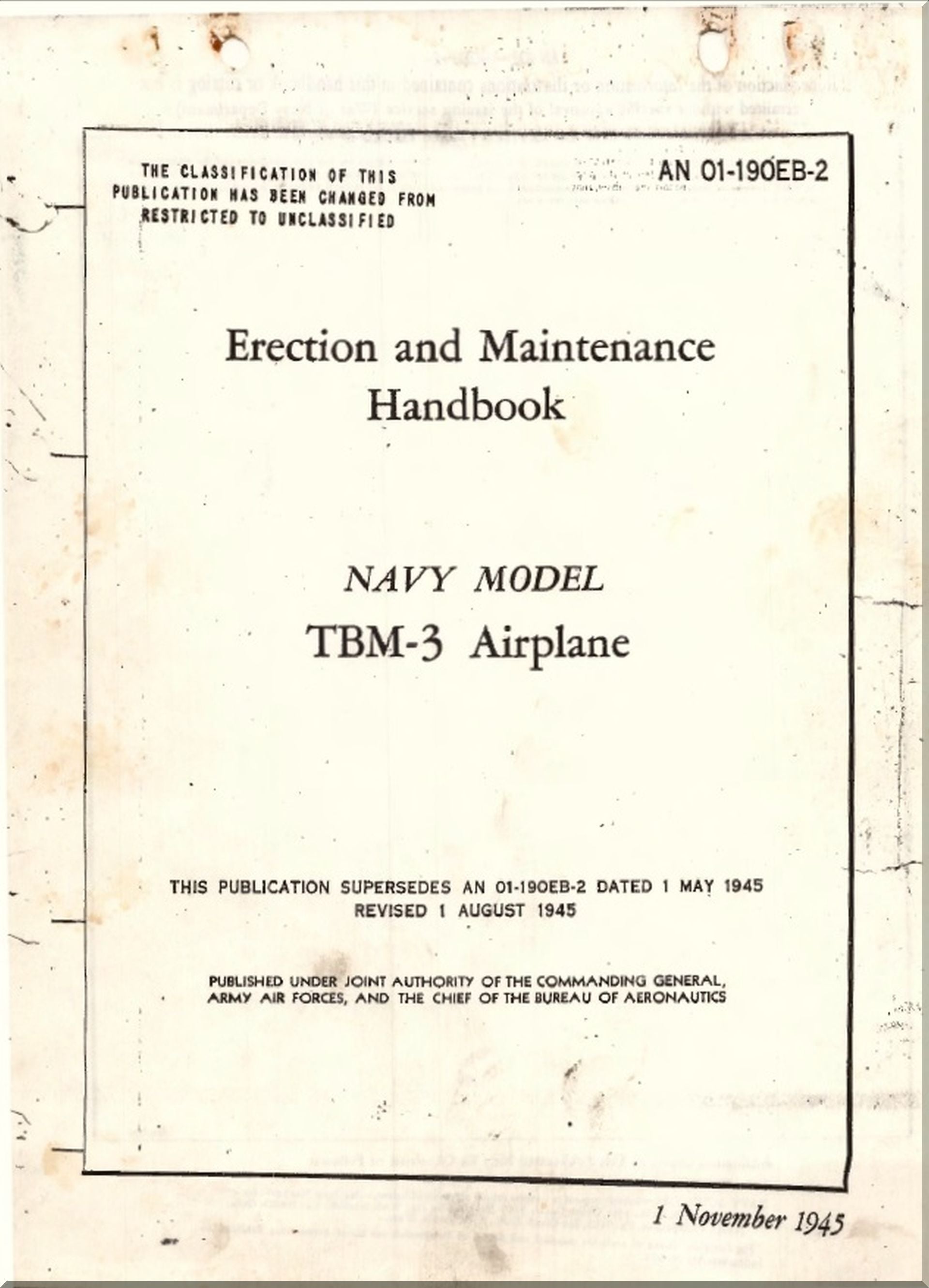 Erection and Maintenance Handbook for Navy Model TBM-3 Airplane with text on a beige background