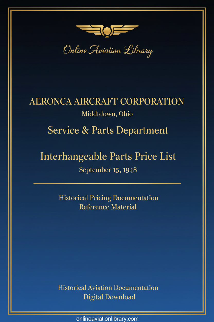 Aeronca Interchangeable Parts Price List Standard Cover Page