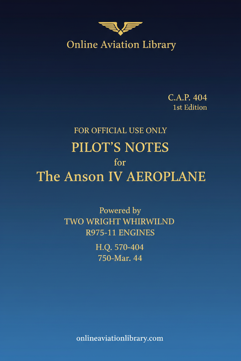 Anson IV RCAF Pilot's Notes Standard Cover Page - Text Only