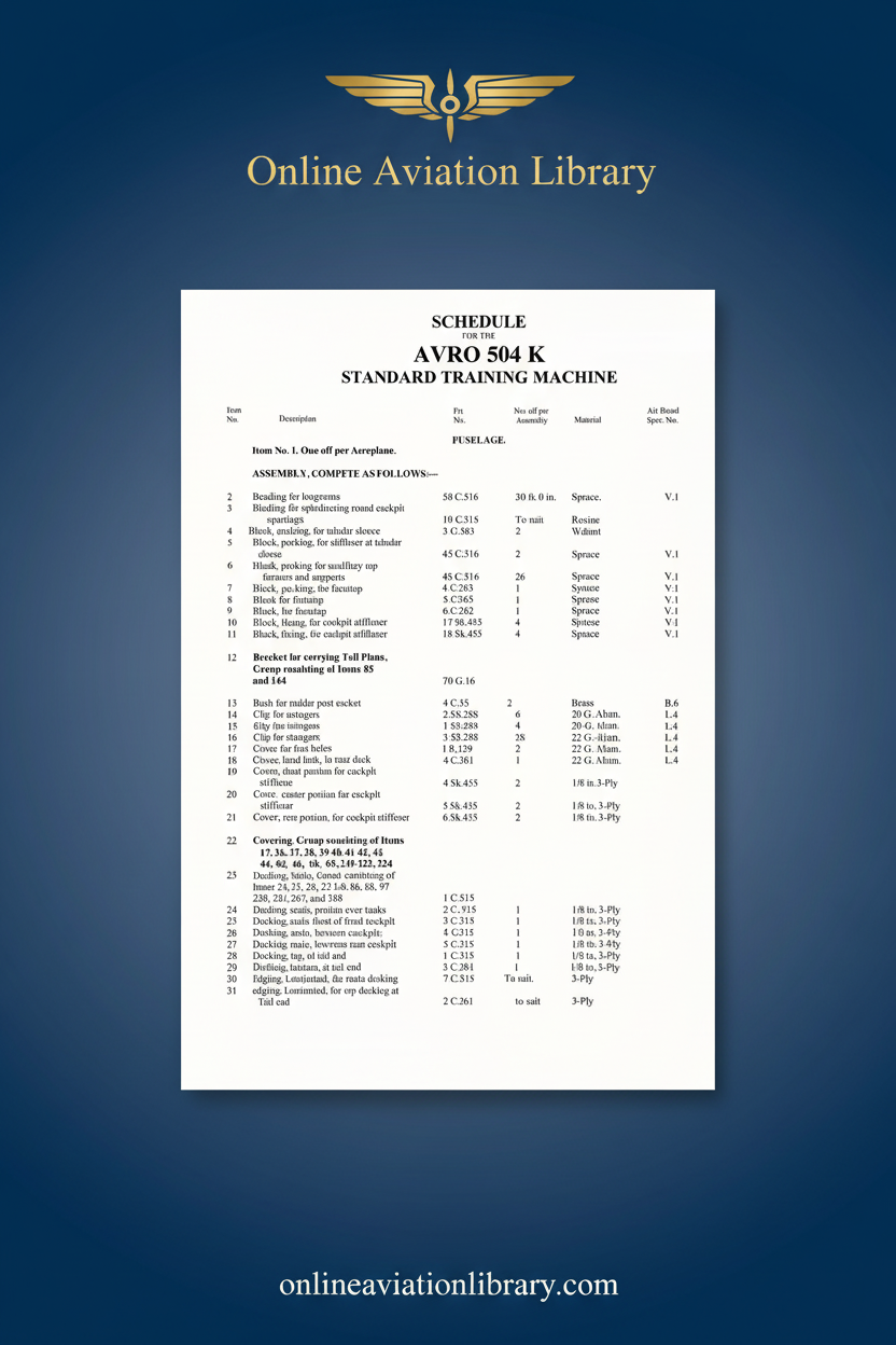AVRO 504 K Parts Schedule Standard Cover Page 2