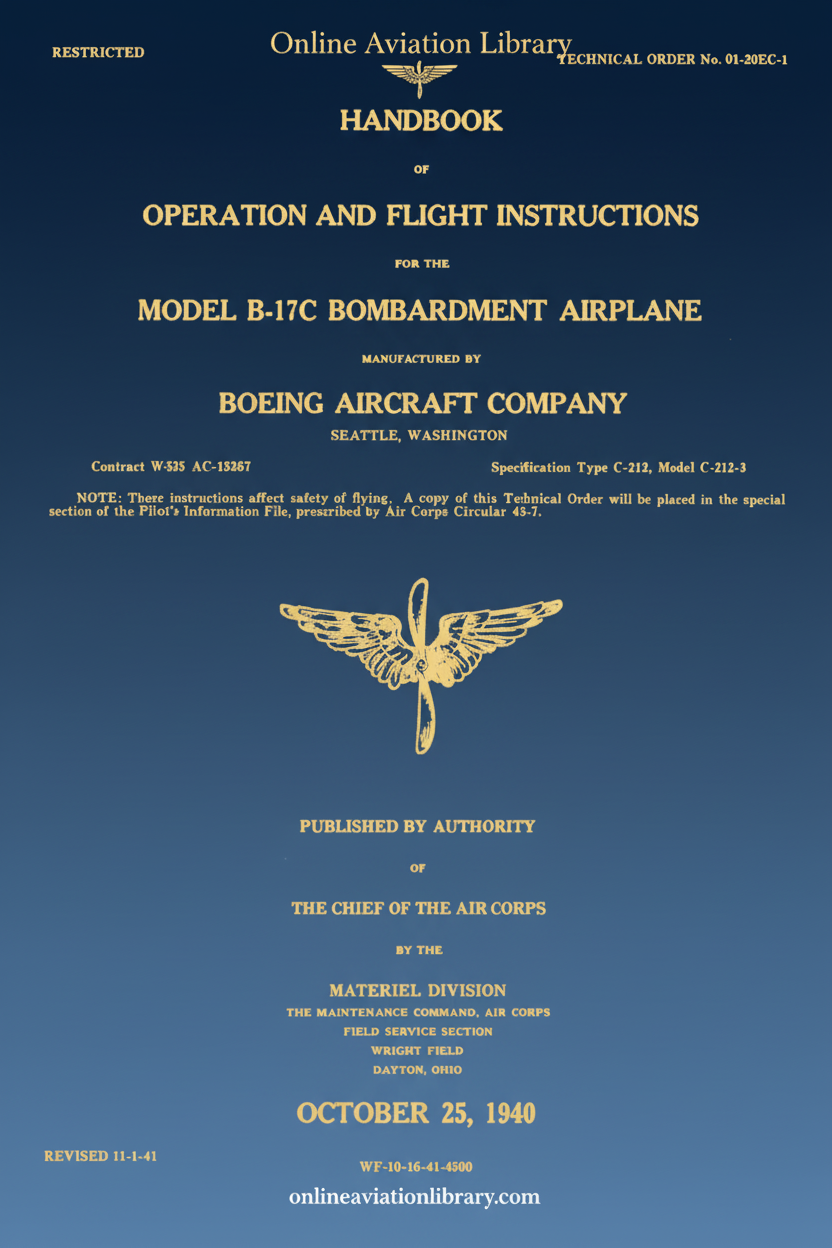 B-17C Operation and Flight Instructions Handbook Cover Page