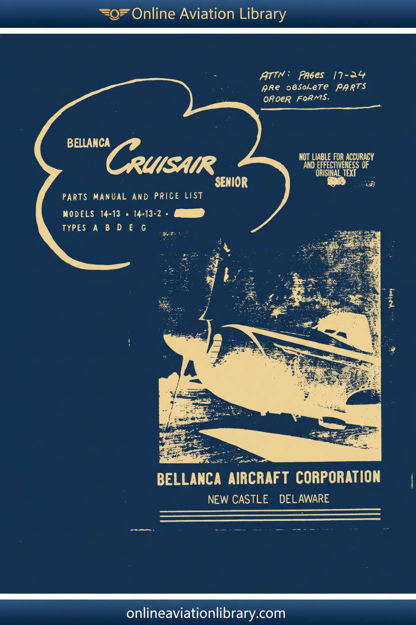 Bellanca Cruisair Senior Parts Manual Standard Cover Page - Blue Background