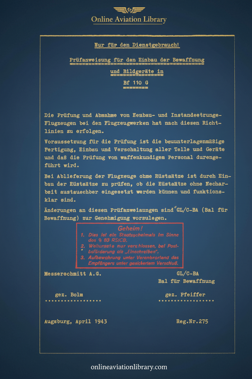 Bf 110 G Armament and Camera Equipment Installation Test Instructions Cover Page