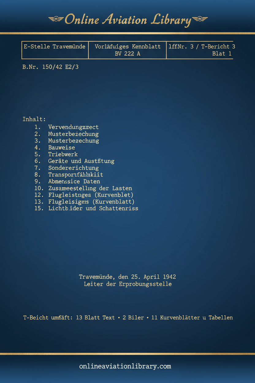 BV 222 A Kennblatt - E-Stelle Travemünde Cover Page