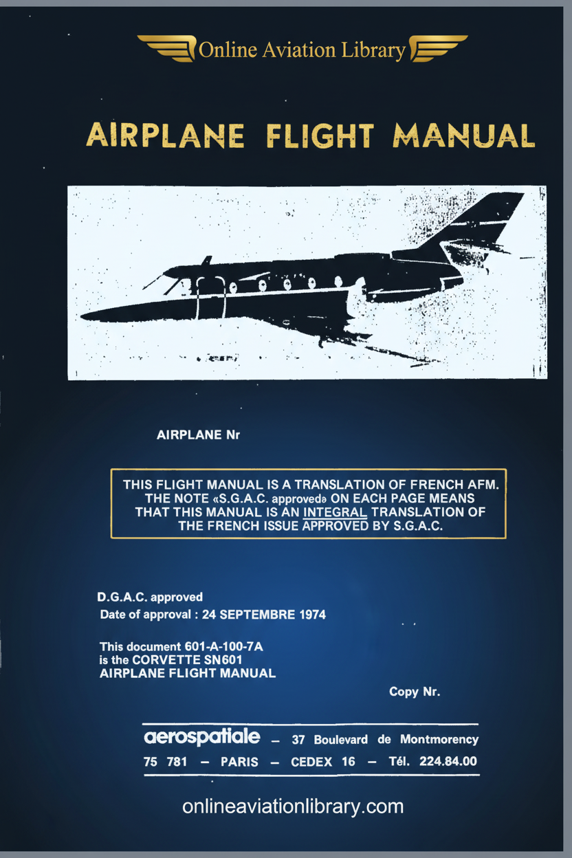 Corvette SN601 Airplane Flight Manual Standard Cover Page