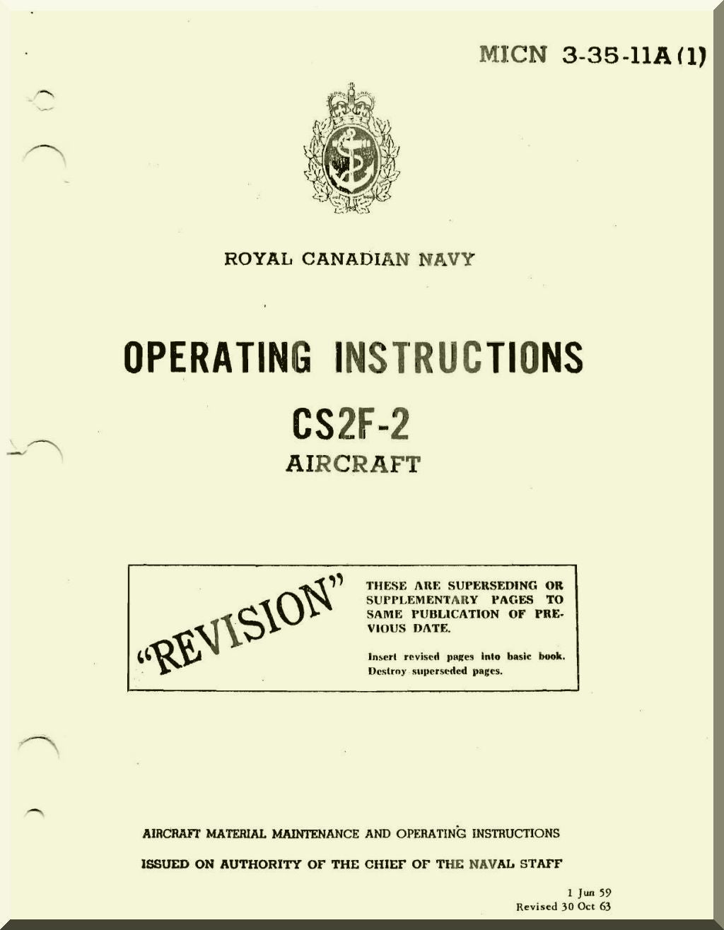 Royal Canadian Navy operating instructions for CS2F-2 aircraft on a beige background
