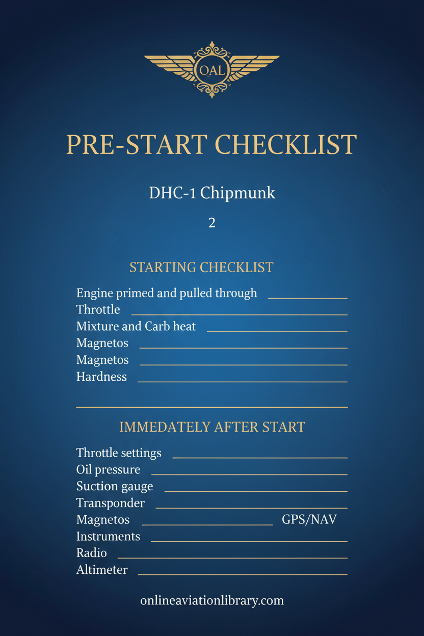DHC-1 Chipmunk Pre-Start Checklist Standard Cover Page