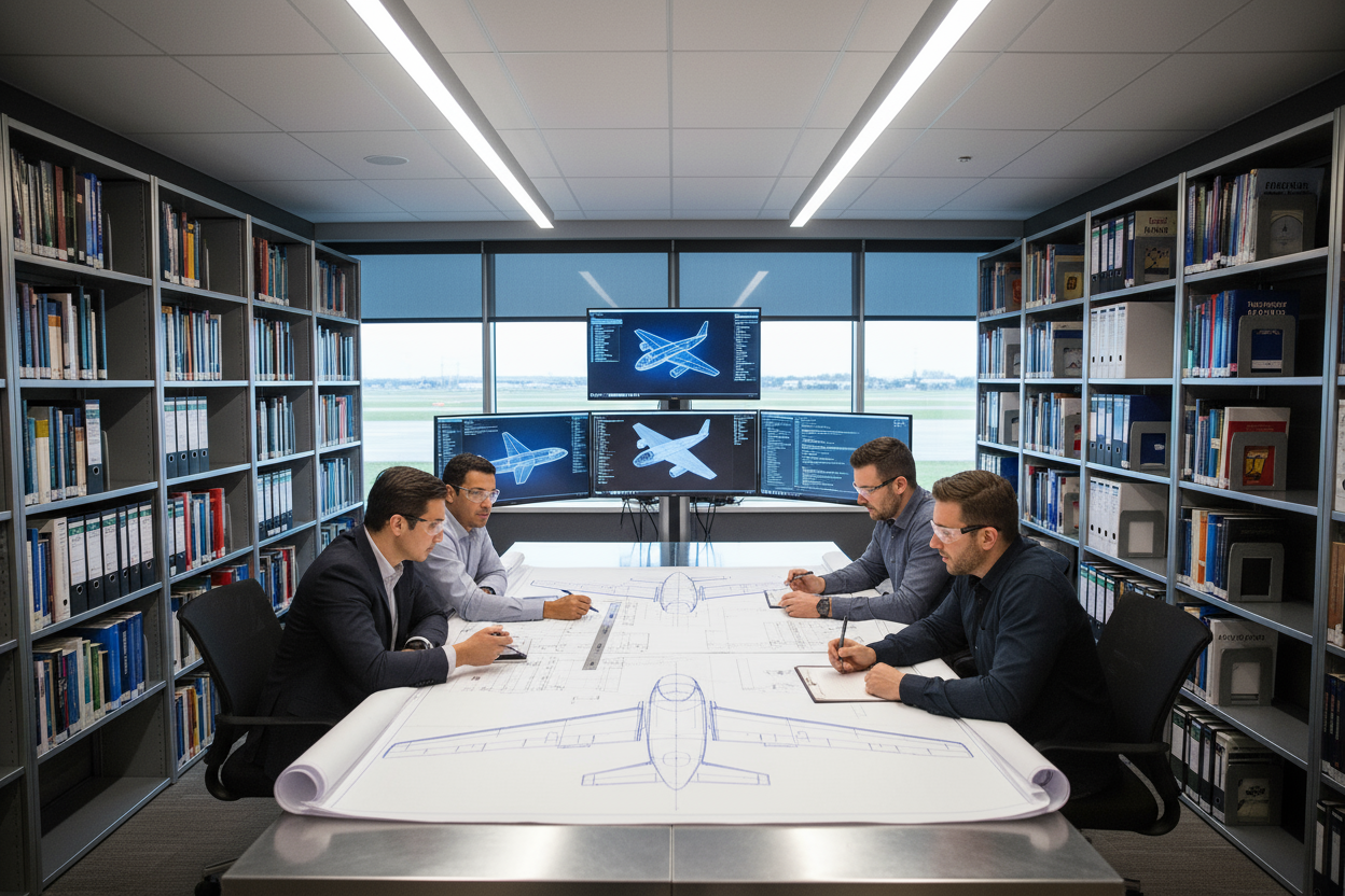 Engineers reviewing aircraft blueprints in aviation library