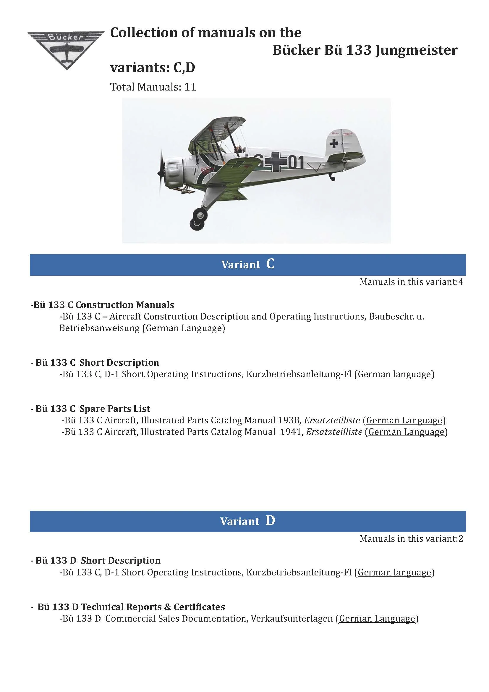 Bücker Bü 133 Jungmeister - Comprehensive Aircraft Manuals Collection