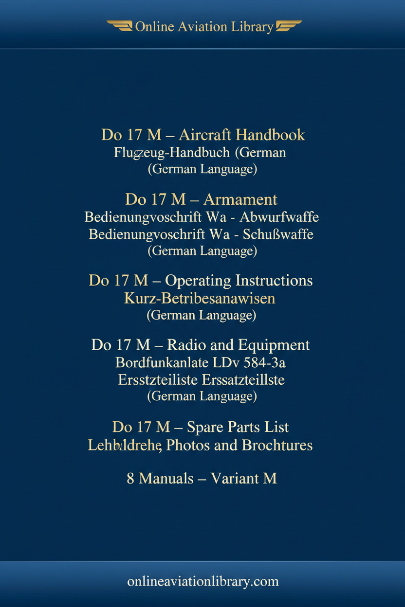 Dornier Do 17 Variant M manuals cover page - 8 manuals listed