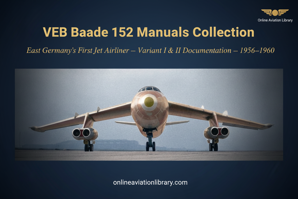 VEB Baade 152 front-on tarmac shot — promotional banner, Online Aviation Library