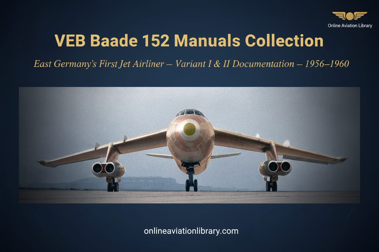 VEB Baade 152 front-on tarmac shot — promotional banner, Online Aviation Library