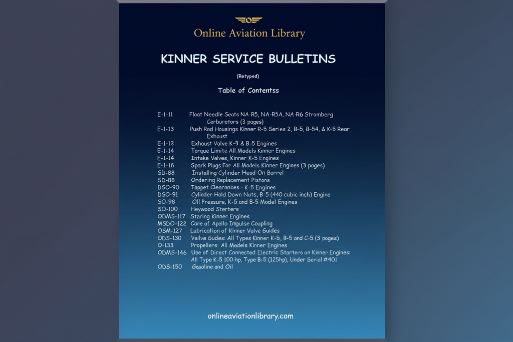 Kinner Service Bulletins Manual Cover Page