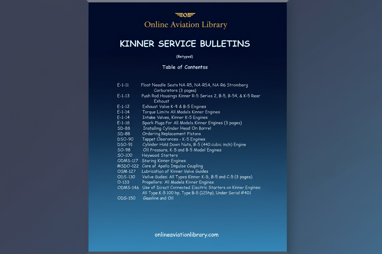 Kinner Service Bulletins Manual Cover Page
