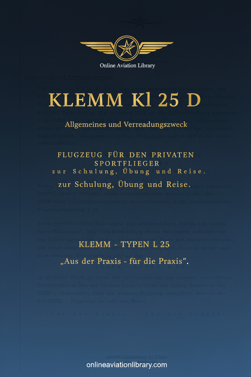 Klemm Kl 25 D Verwendungszweck Standard Cover Page