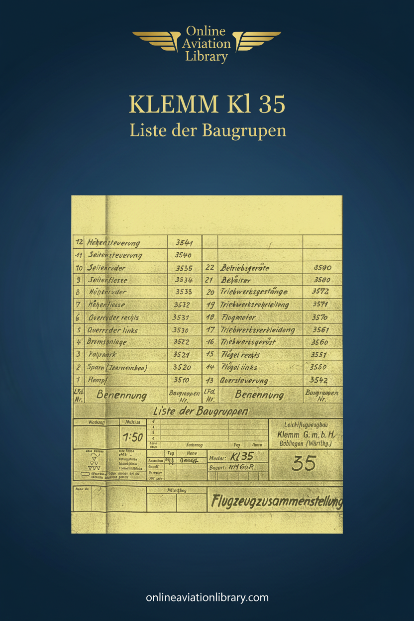 Klemm Kl 35 Liste der Baugruppen Standard Cover Page