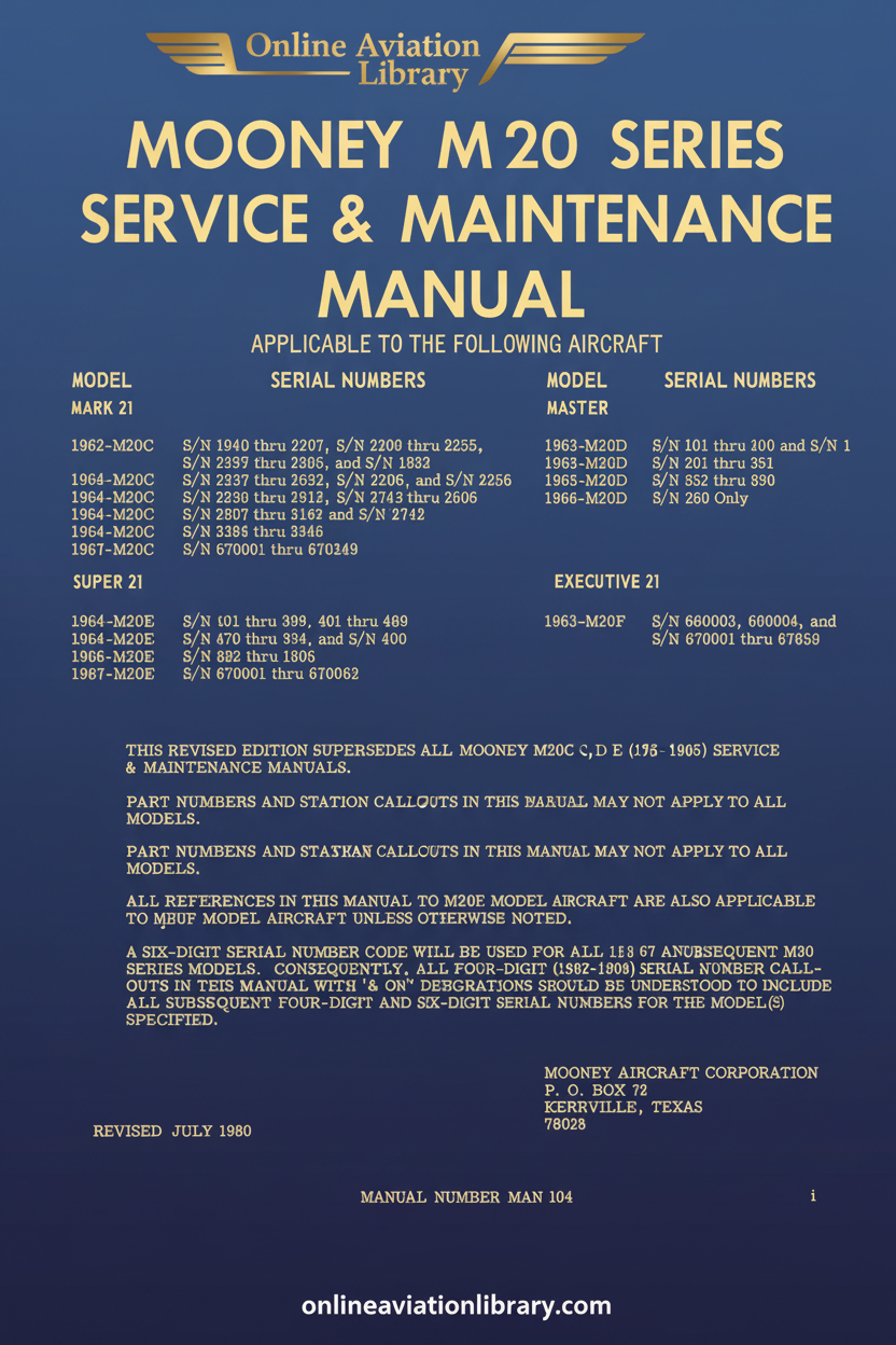 Mooney M20 Series Service & Maintenance Manual Standard Cover Page
