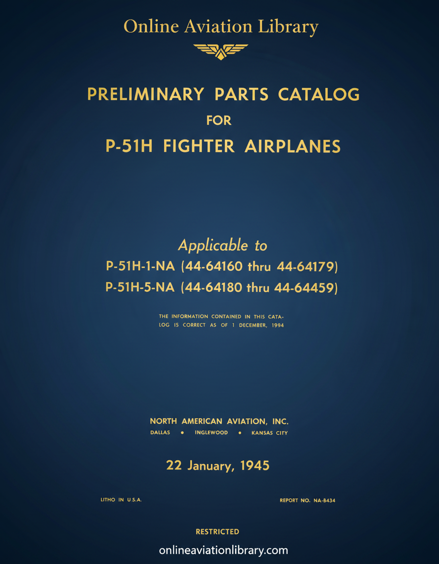 P-51H Fighter Airplanes Preliminary Parts Catalog Cover Page