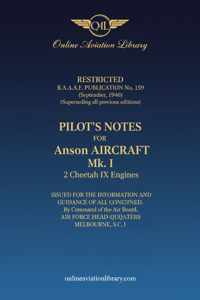 RAAF Anson Mk. I Pilot's Notes Standard Cover Page - Text Only