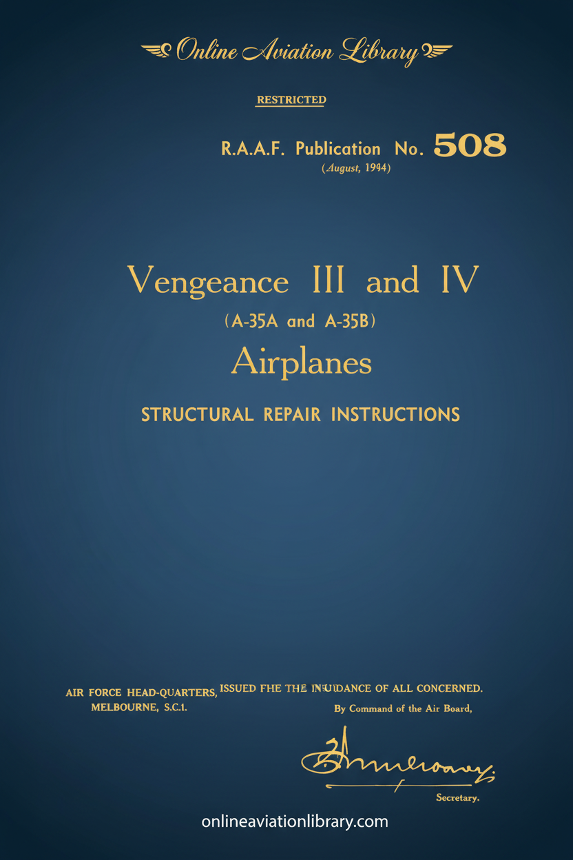 RAAF Vengeance III and IV Structural Repair Instructions Cover Page