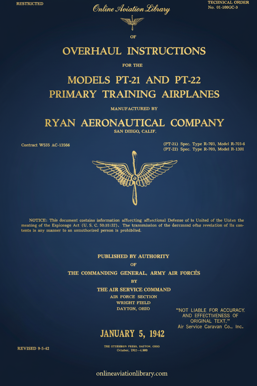 Ryan PT-21 and PT-22 Overhaul Instructions Cover Page