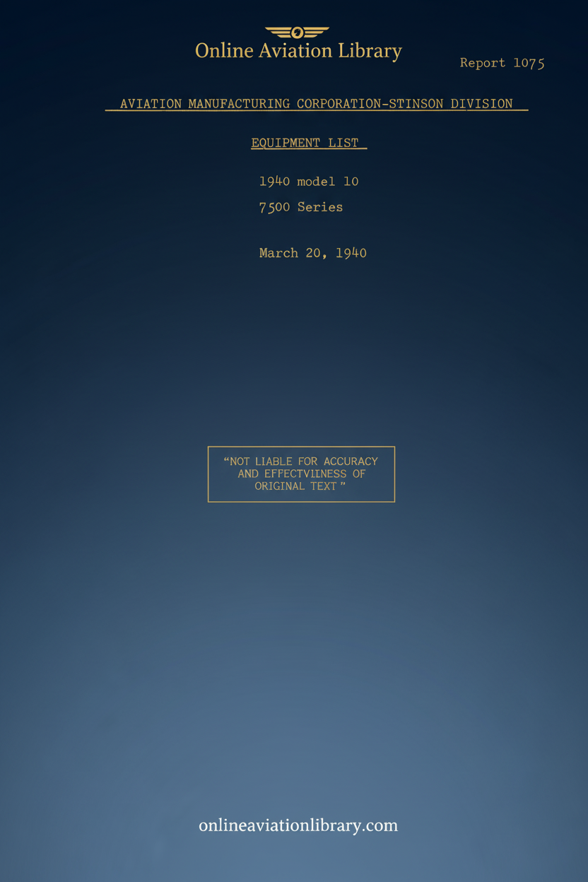 Stinson Model 10 Equipment List Cover Page