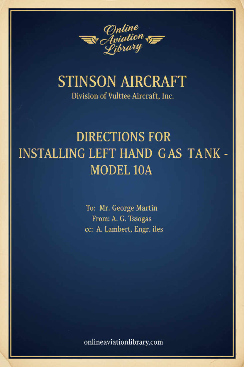 Stinson Model 10A Gas Tank Installation Cover Page