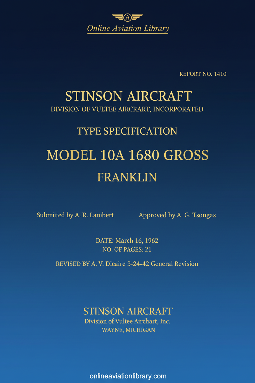 Stinson Model 10A Type Specification Cover Page