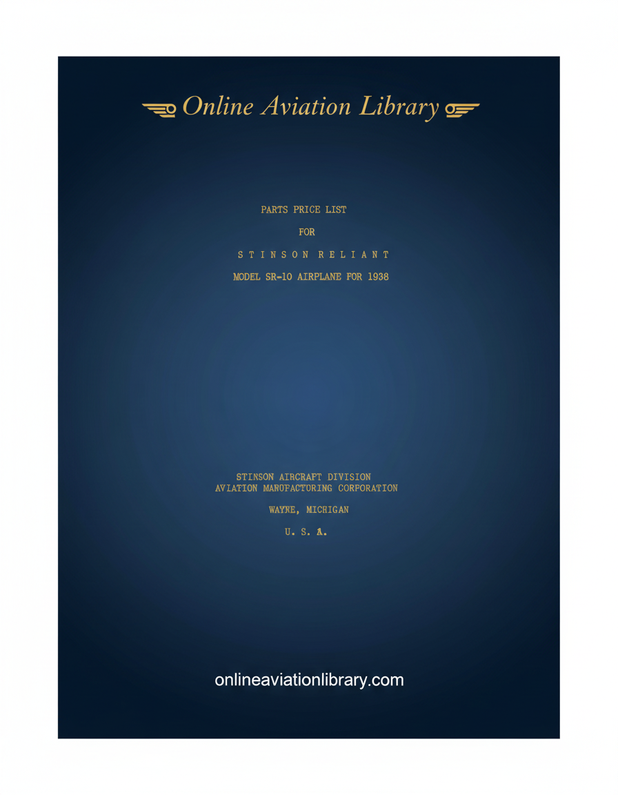 Stinson Reliant SR-10 Parts Price List Cover