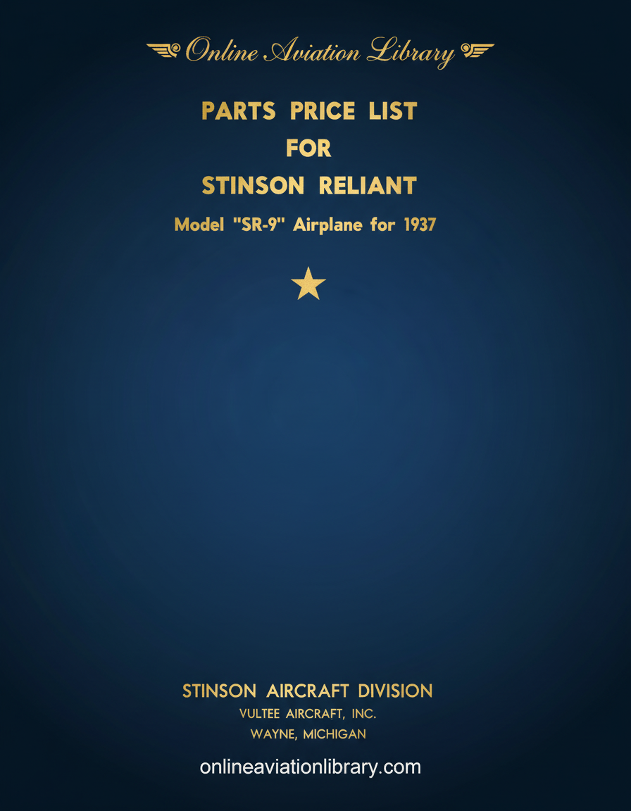 Stinson Reliant SR-9 Parts Price List Cover