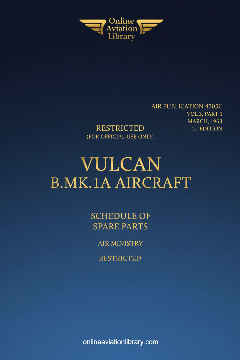 Vulcan B.MK.1A Aircraft Schedule of Spare Parts - Standard Cover Page